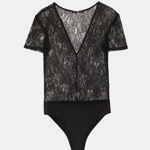 Zara Black Lace Semi Sheer V-Neck Bodysuit Small